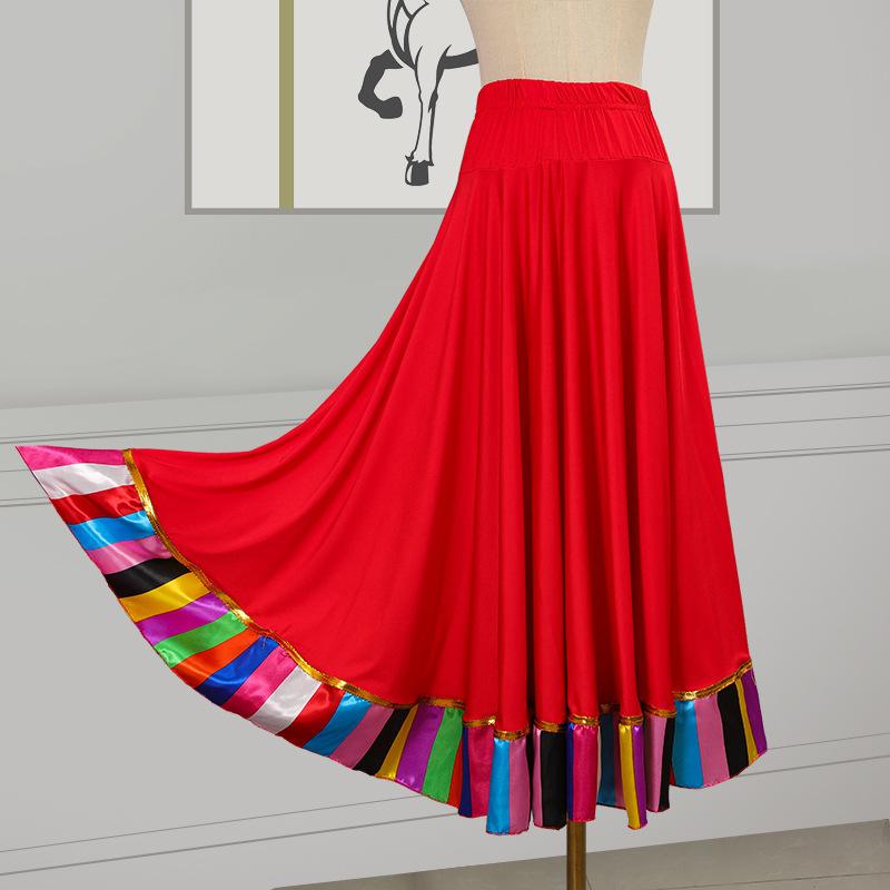 スカート レディース 広場ダンス 民族風 チベットダンス ウエストゴム ハイウエスト フレアロングスカート 再生繊維 ポリエステル素材 舞台衣装 発表会 練習着