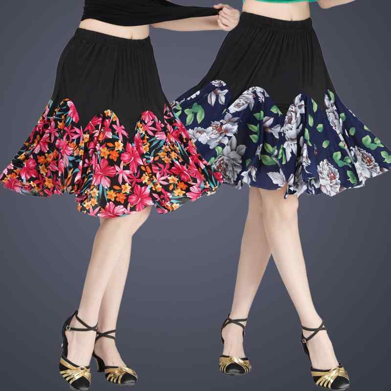 ダンススカート レディース ミセス シニア 接触冷感 ゴムウエスト ハイウエスト ショート丈 フレア 広場ダンス ラテンダンス 社交ダンス 舞台衣装