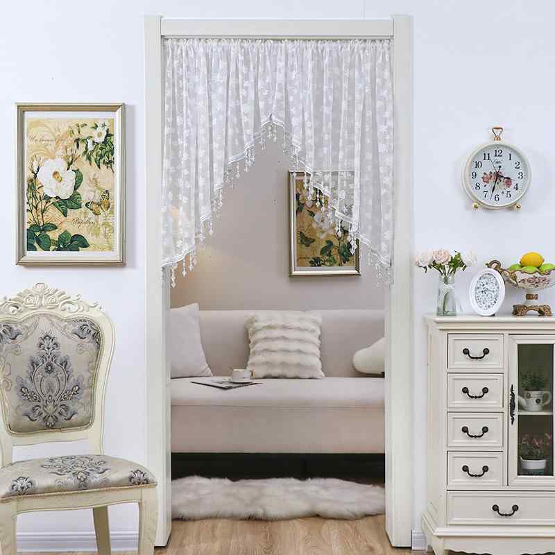 カフェカーテン レース フレンチカントリー 三角 アーチ型 装飾 キッチン 寝室 ドアカーテン ポリエステル モダン シンプル 黄色ビーズ グレービーズ 蝶々柄