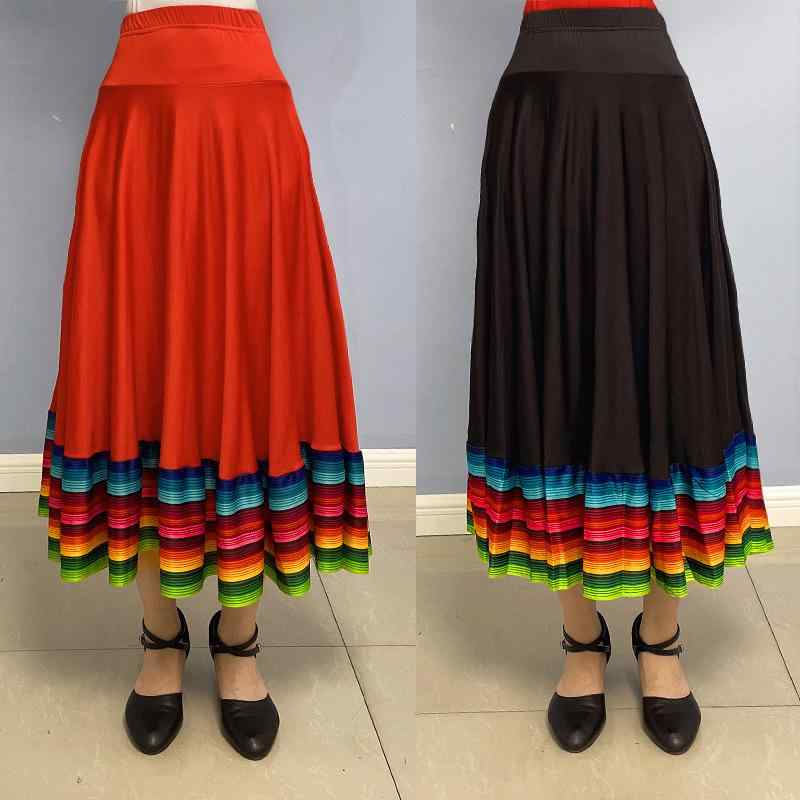 ダンス レディース ストレッチ素材 民族舞踊 中国舞踊 広場ダンス 練習着 レッスン 発表会 舞台衣装 レインボー ミディ丈 ロングフレアスカート