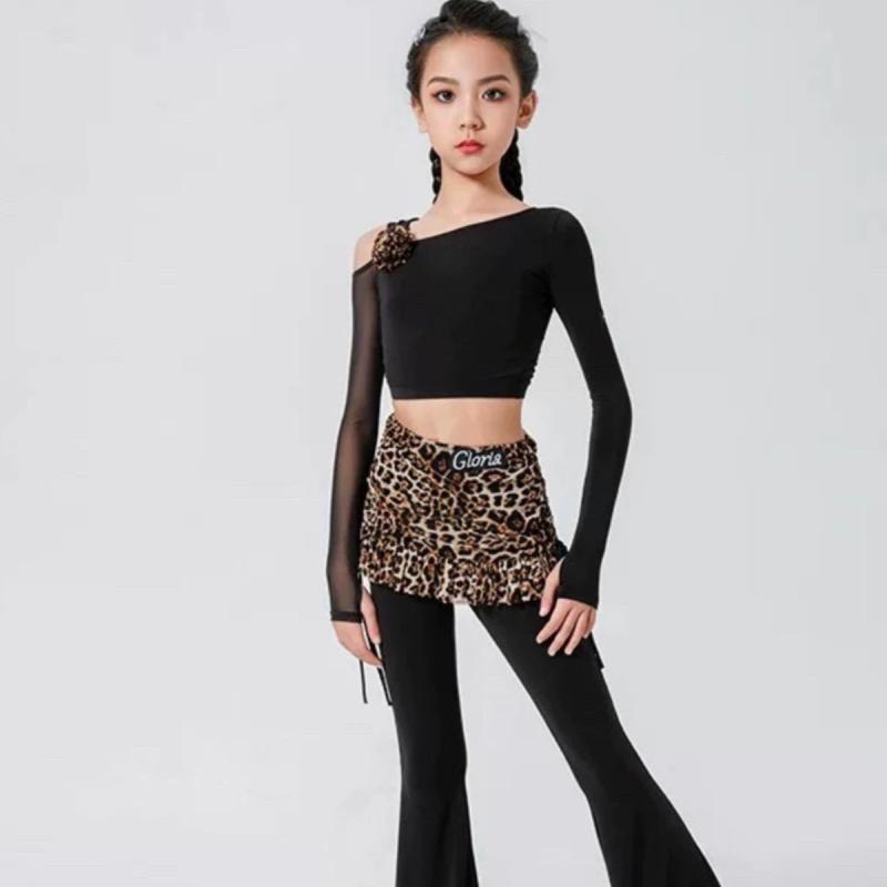 ダンスウェア キッズ 女の子 ラテンダンス オフショルダー トップス 裾切り替え フレア ロングパンツ 上下セット 黒 ヒョウ柄 ポリエステル 秋冬 ダンス練習着