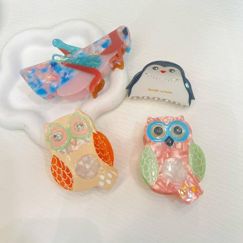ヘアアクセサリー レディース アセテート 手作り 高級感 カラフル 昆虫 フクロウ ペンギン 動物モチーフ 大人可愛い バンスクリップ しっかり留まる ハーフアップ まとめ髪