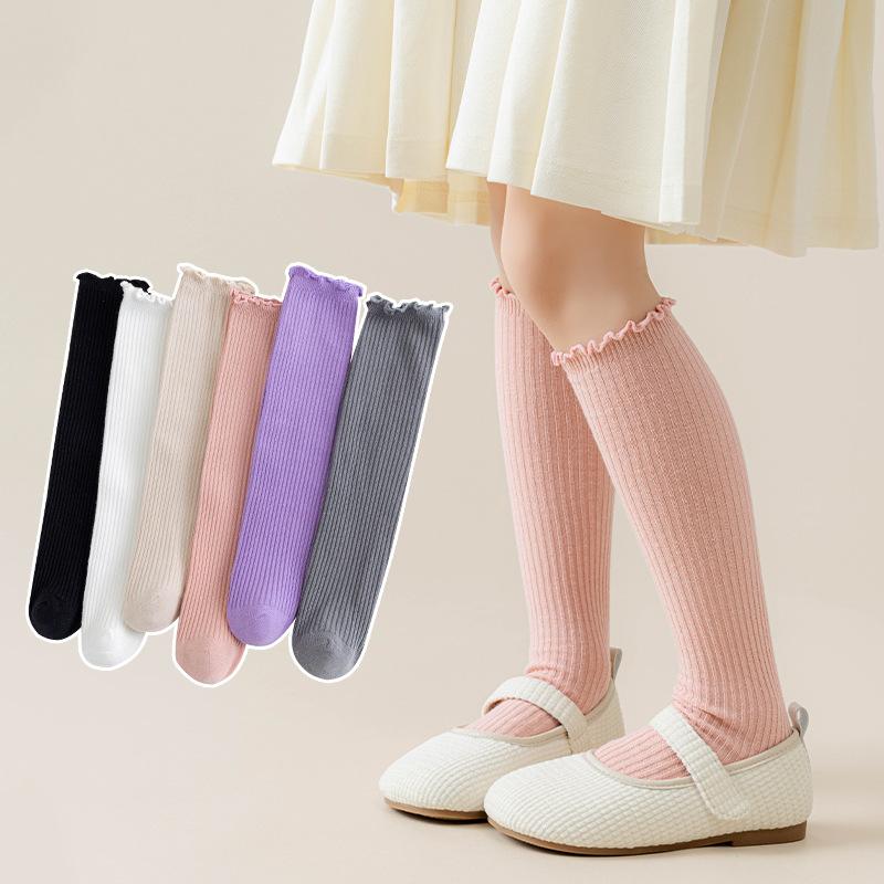 ソックス キッズ 女の子 通気性 コットン 綿混 縦ストライプ フリル ダブルニードル 中筒丈 オーバーニ..