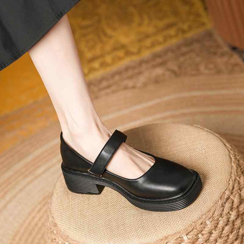 メリージェーン パンプス レディース 厚底 ミドルヒール チャンキーヒール マジックテープ ラウンドト..