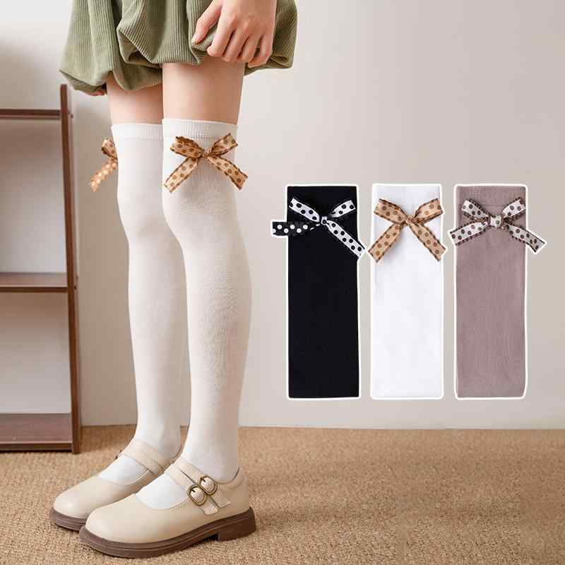 ソックス キッズ 女の子 通気性 中厚手 コットン 綿 秋冬 水玉 ドット リボン 蝶結び ニーハイソックス サイハイソックス 小学生 中学生 3歳から12歳 かわいい 白 黒 ブラウン 普段使い お出かけ
