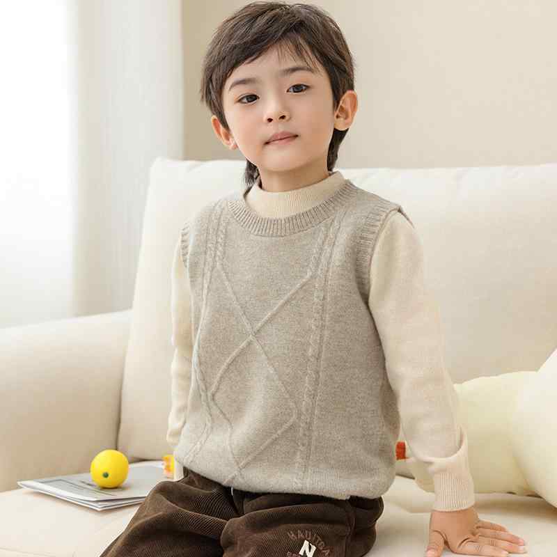 ニットベスト キッズ 男女兼用 ウール混 厚手 暖かい 春秋 ジュニア 小学生 中学生 ゆったり ルーズフ..