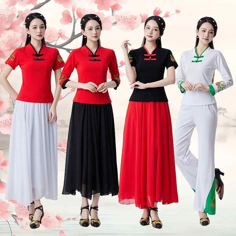 ダンスウェア レディース 中高年 民族風 純綿 刺繍 シフォン セットアップ 半袖 七分袖 長袖 社交ダンス 広場ダンス レッスン 練習 発表会 舞台 フレアスカート 540度