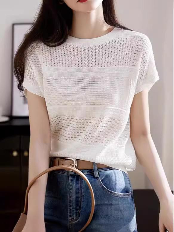 トップス レディース 接触冷感 クロシェ編み 透かし編み デザイン クルーネック 五分袖 薄手 サマーニ..