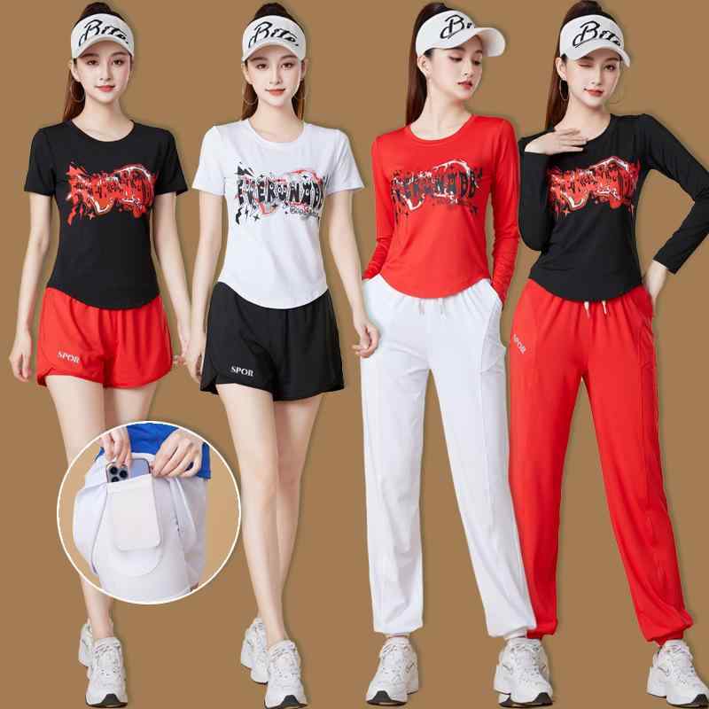 ダンスウェア レディース 速乾 接触冷感 春夏 半袖トップス 上下セット 再生繊維 ポリエステル 無地 広場ダンス ランニング フィットネス ヨガ チーム 団体 女性用