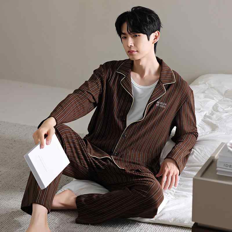 パジャマ メンズ 抗菌 超柔らか モダール ストレッチ 通気性 快適 長袖 襟付き ストライプ柄 高級感 ルームウェア 部屋着 ワンマイルウェア 春秋冬 上下セット ココアブラウン