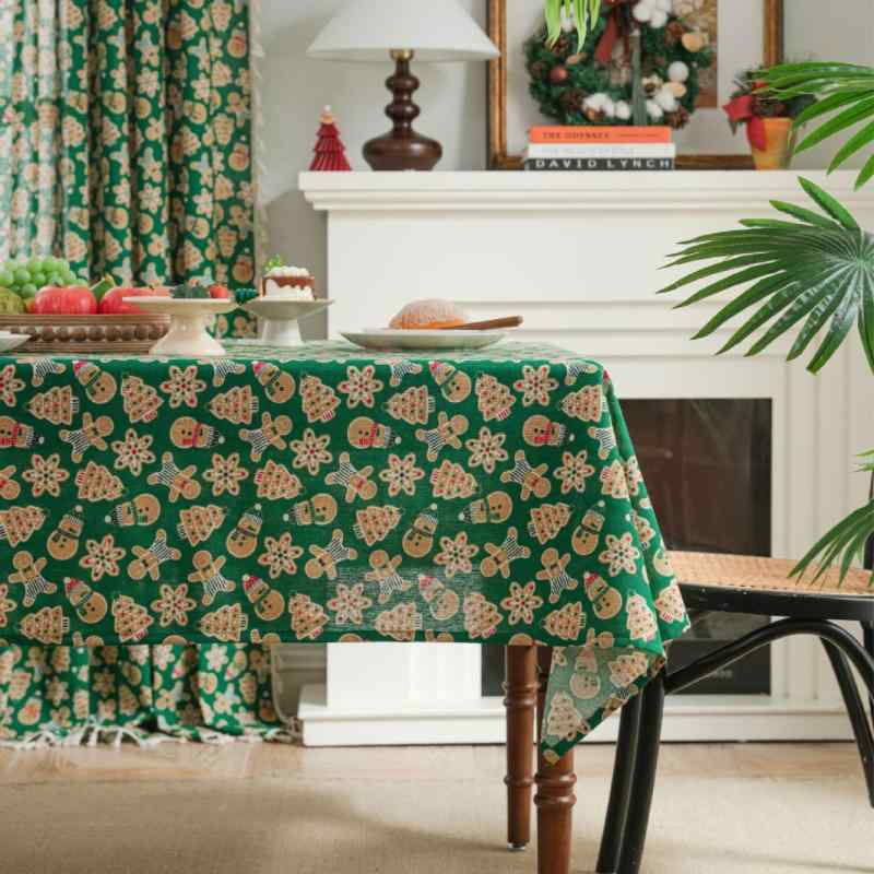テーブルクロス クリスマス クッキーマン キャラクター柄 かわいい プリント 綿麻 グリーン 長方形 食卓 キッチン ダイニング リビング インテリア 装飾