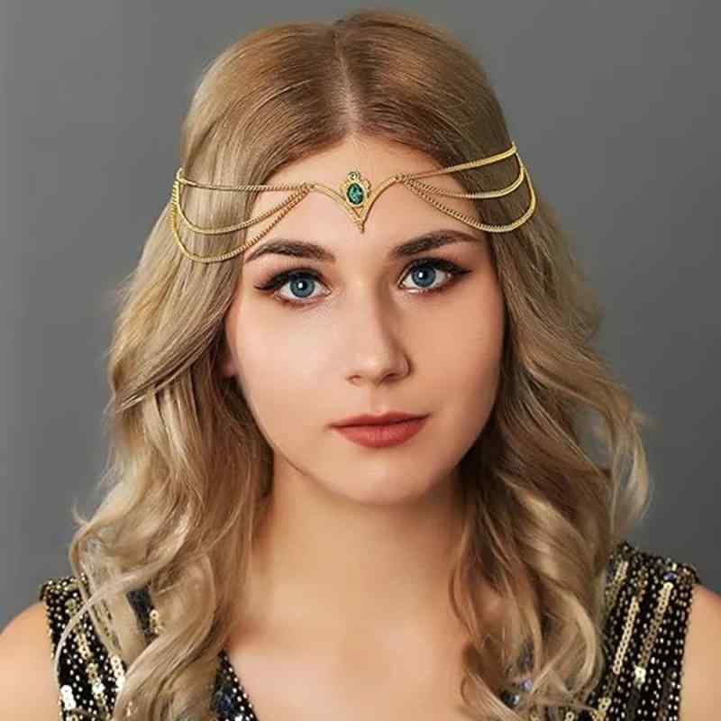 ヘッドドレス レディース ボヘミアン エキゾチック レトロ 額飾り 多重ヘアチェーン グリーンストーン ..