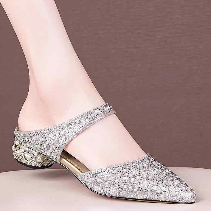 サンダル レディース パール ラインストーン つま先保護 フラットヒール 夏 外履き おしゃれ 太ヒール ローヒール 大きいサイズ らくちん ミュール