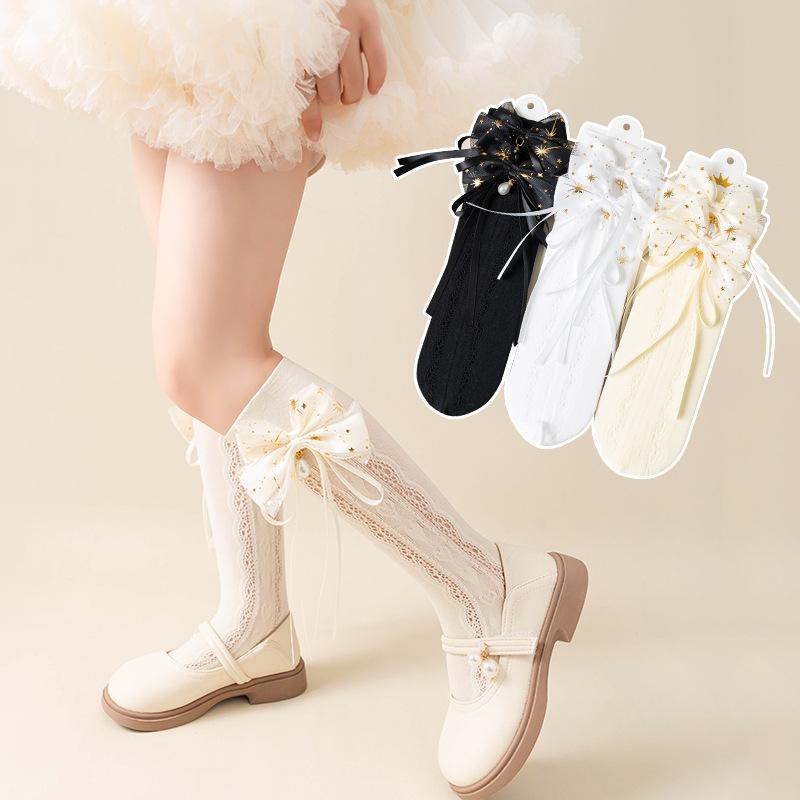 キッズソックス 女の子 ガールズ 幼児 小学生 春夏 薄手 メッシュ 通気性 金色の星柄 リボン かわいい ミドル丈 綿素材 普段使い 通学用