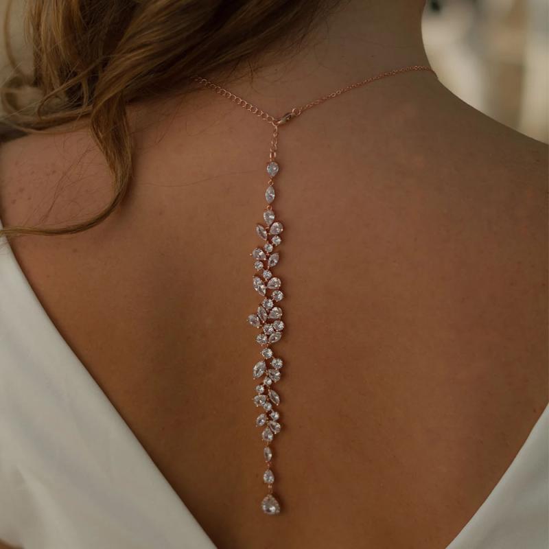 ボディチェーン バックチェーン レディース ウェディング ブライダル 花嫁 セクシー 高級感 ジルコニア 電気メッキ加工 リーフ ゴールド シルバー ローズゴールド アクセサリー