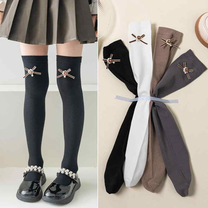 ソックス キッズ 女の子 毛玉防止 通気性 綿 ジャカード織り 四つ葉のクローバー リボン かわいい 無地 中厚手 オーバーニーソックス 3歳から12歳 小学生 通学 普段使い フォーマル