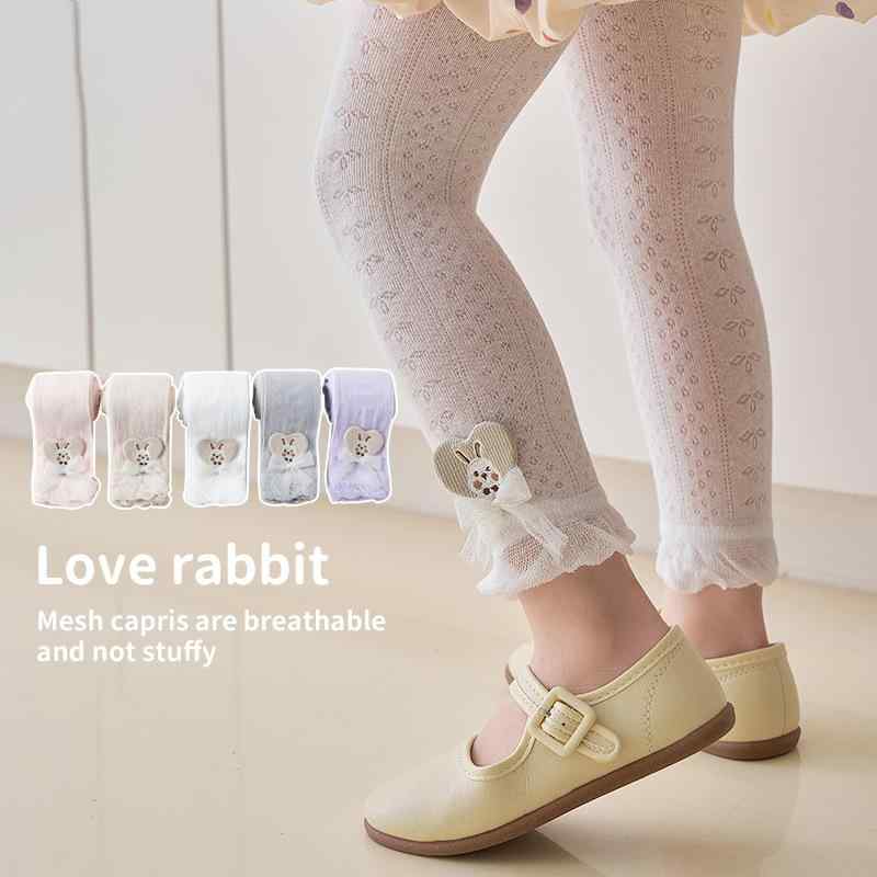キッズ 女の子 タイツ レギンス 薄手 メッシュ 通気性 コットン 綿75% ハート うさぎ レース リボン 九分丈 かわいい 無地 おしゃれ 夏 ピンク グレー 白 3歳 8歳 向け