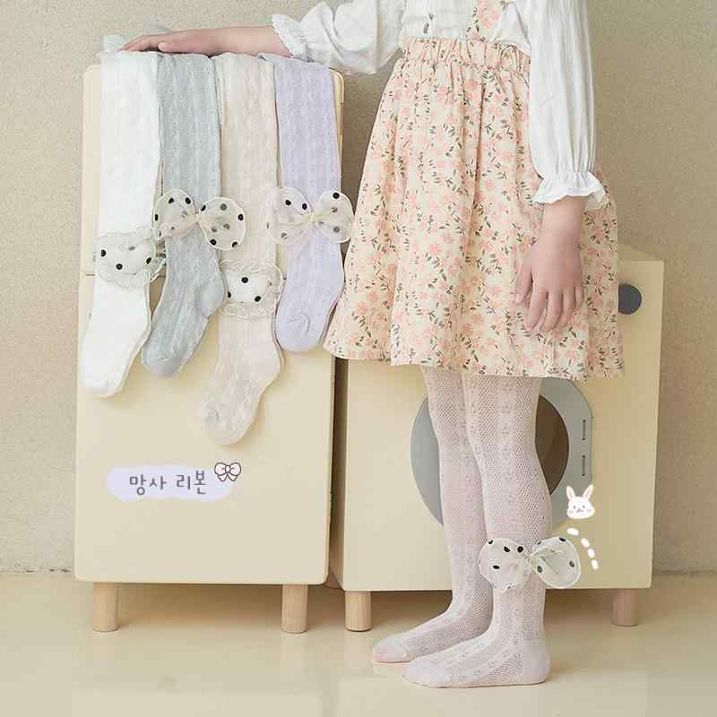 タイツ キッズ 女の子 子供 夏用 薄手 メッシュ 通気性抜群 蚊よけ ドット 水玉 リボン かわいい 無地 コットン 綿 3歳 4歳 5歳 6歳 7歳 8歳 レギンス スパッツ