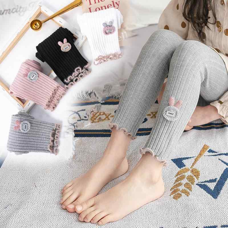 レギンス キッズ 女の子 九分丈 コットン 綿混 縦縞 ストライプ柄 うさぎ モチーフ フリル 裾 木耳フリル 中腰 ゴムウエスト 韓国風 外着用 普段使い 通園 通学 お出かけ 春秋 3歳 4歳 5歳 6歳 7歳 8歳 9歳 10歳 11歳 12歳 小