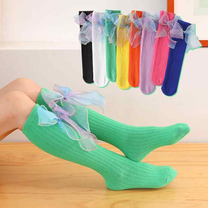 靴下 子供 女の子 春秋 グラデーション リボン ストライプ柄 キャンディカラー ミドル丈ソックス 通気性 綿混 かわいい おしゃれ 普段使い 通学