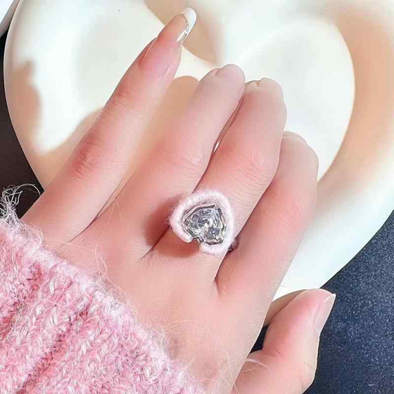 指輪 レディース フリーサイズ オープンリング 手作り ハンドメイド 銅製 ピンク 毛糸 ハート ジルコニ..