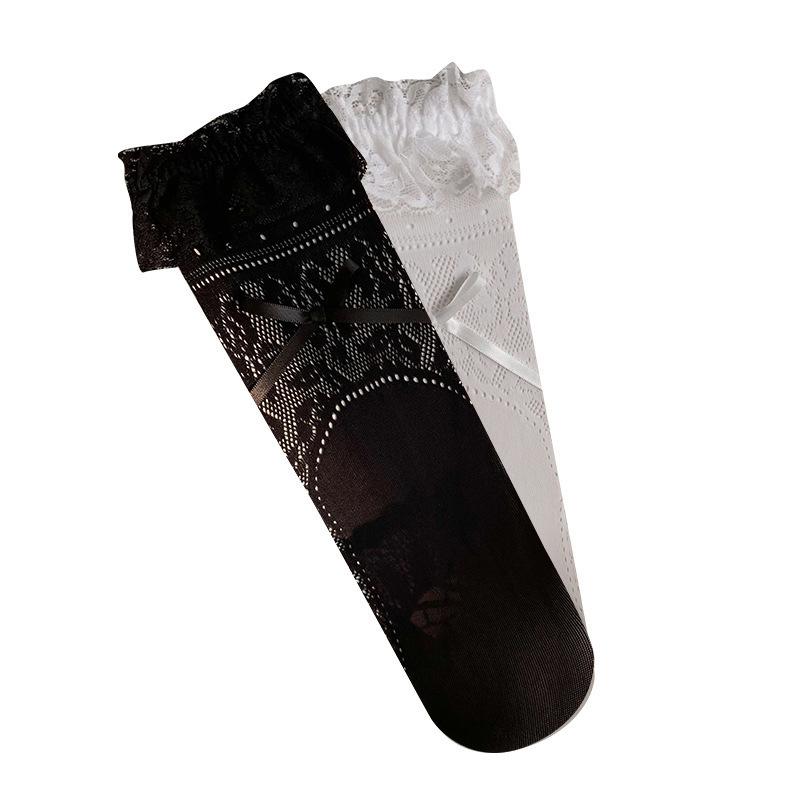 靴下 キッズ 女の子 薄手 春夏 ローズ レース ロリータ プリンセス メッシュ 膝上丈 ミドルソックス 通気性 コットン素材 ホワイト ブラック