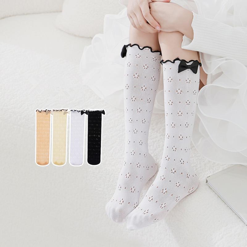 ソックス キッズ 女の子 春夏 薄手 通気性 快適 丸穴メッシュ フリル リボン かわいい プリンセス風 ナイロン クルー丈