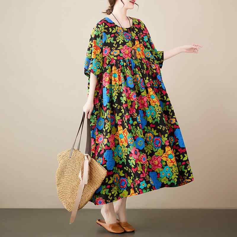 ・加工方法: プリント・主な素材: 綿70%〜80%・カラー: 花柄・サイズ展開: フリーサイズ、L・スタイル: 文芸レトロ、エレガント・スカートタイプ: Aライン・ネックライン: ラウンドネック・対象: 大人・スカート丈: ミディ丈・袖タ...