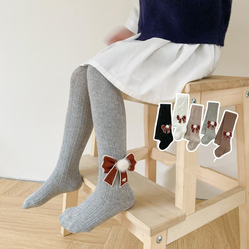 タイツ キッズ 女の子 股開き コットン 綿混 サイド もこもこ リボン 秋冬 中厚手 通気性 かわいい おしゃれ レギンス 普段使い 通園 通学 3歳 4歳 5歳 6歳 7歳 8歳