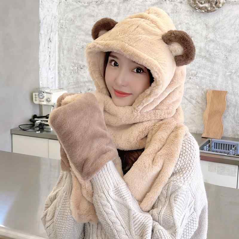 帽子 レディース メンズ ユニセックス 厚手 保温 あったか フェイクファー クマ耳デザイン 韓国風 マフラー 手袋 一体型 3点セット 秋冬 防寒 お出かけ ベージュ カーキ