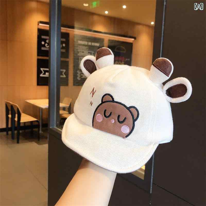 セキュアデポのキャップ ベビー キッズ 男の子 春秋 秋冬 かわいい おしゃれ UVカット 通気性 防風 あったか コーデュロイ 動物柄 刺繍 アニマルデザイン くま かえる うさぎ ひよこ キリン 短いつば｜アングル2