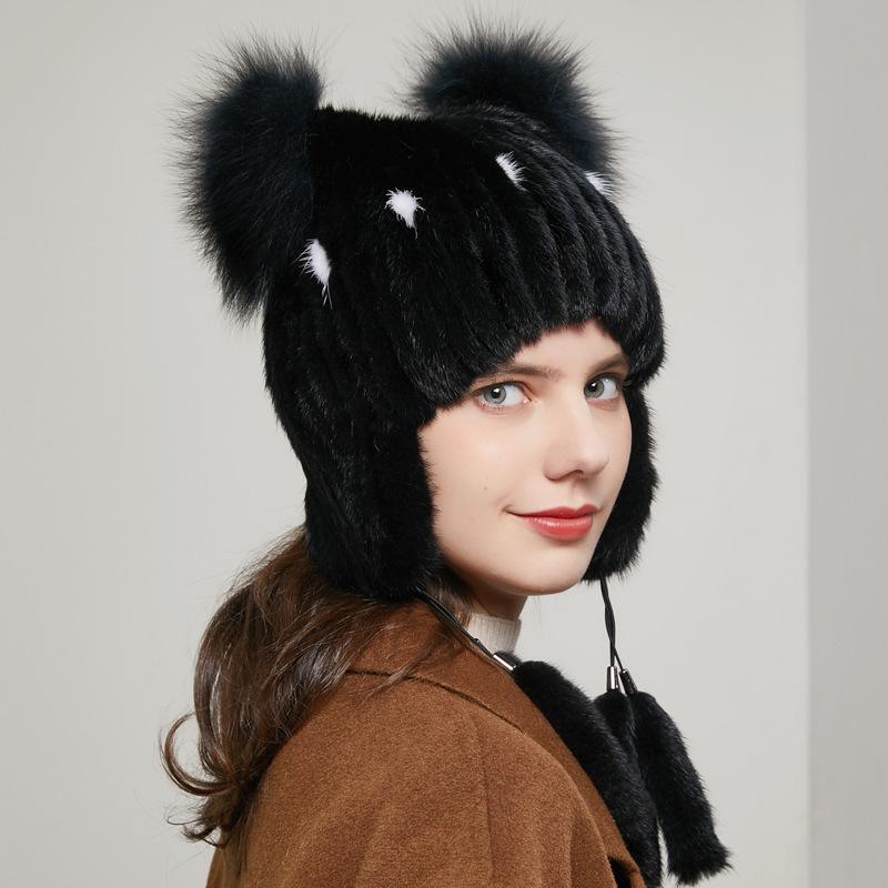 ニット帽 レディース 秋冬 あったか 保温 防風 厚手 耳当て付き 高級感 ミンク フォックス ファー 編み込み 手編み フリンジ おしゃれ 防寒 小顔効果 ファッション