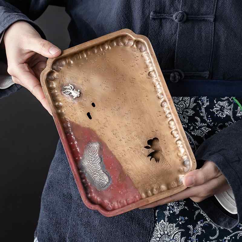 茶盤 手作り 銅製 銀メッキ 金魚デザイン 和モダン おしゃれ 長方形 貯水式 水受け 乾泡台 茶器置き 茶道具 トレー 茶道用 ティー用品