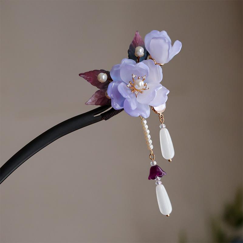 かんざし レディース 黒檀木製 レトロ オリジナル シンプル 歩揺 瑠璃ガラス 花びら まとめ髪 アップヘア 髪飾り ヘアアクセサリー 中国風 中華風 和装 浴衣 着物 成人式 卒業式 結婚式 パーティー イベント デイリー