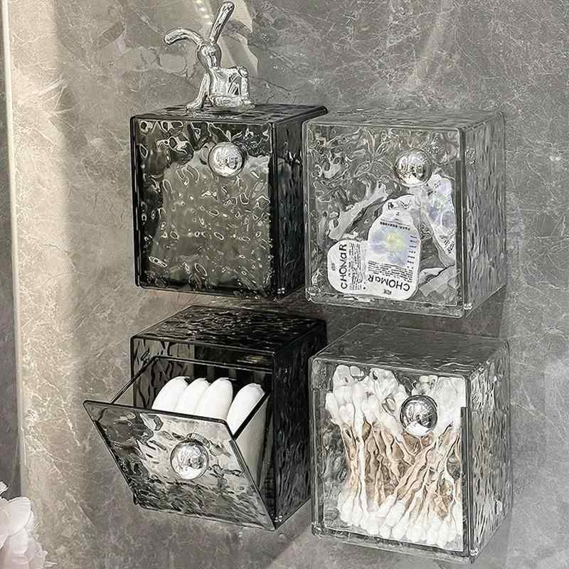 収納ボックス 壁掛け式 高級感 水波模様デザイン 高見え 洗面所 バスルーム 化粧品 コットン 口紅 綿棒 メイク落とし プラスチック製 透明 クリア グレーカラー 多機能小物入れ