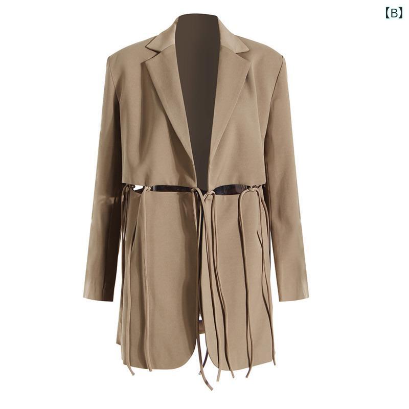 テーラードジャケット レディース 欧米スタイル デザイン性 テーラードカラー 長袖 ウエストくり抜き リボンベルト オーバーサイズ ミドル丈 無地 綿混 ポリエステル混 オフィス カジュアル 韓国ファッション ブラック カーキ 春秋アウター