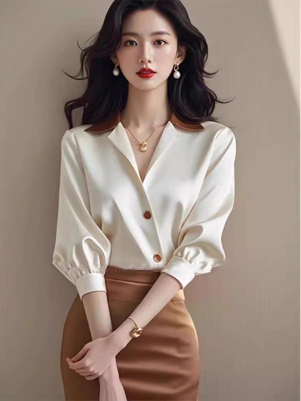 シャツワンピース レディース 秋 高級感漂うアセテートサテン 上品 エレガント きちんと感 マダム風 ミディ丈 五分袖 ホワイト 通勤用 セットアップ