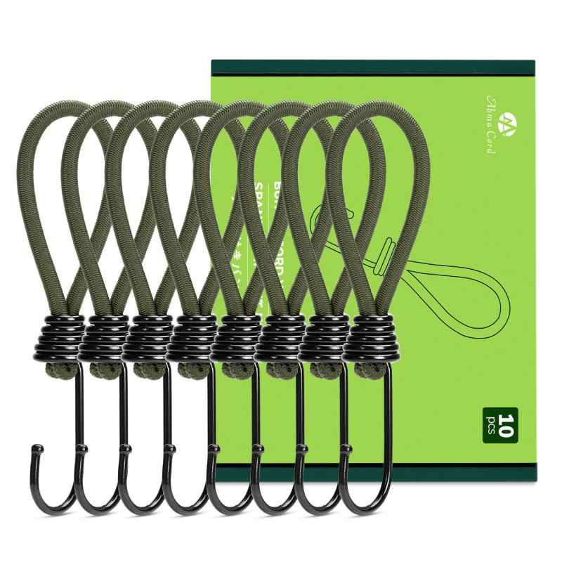 Abma Cord Stretch Cord with Elastic Hooks, 10-Pack, 15/18/20/23cm Length, Bungee Cord with Hooks, Shock Cord, Tent/Tarp/Guy Line Adapter, Shock Absorption, Camping Gear, Windproof, Secure Fitting