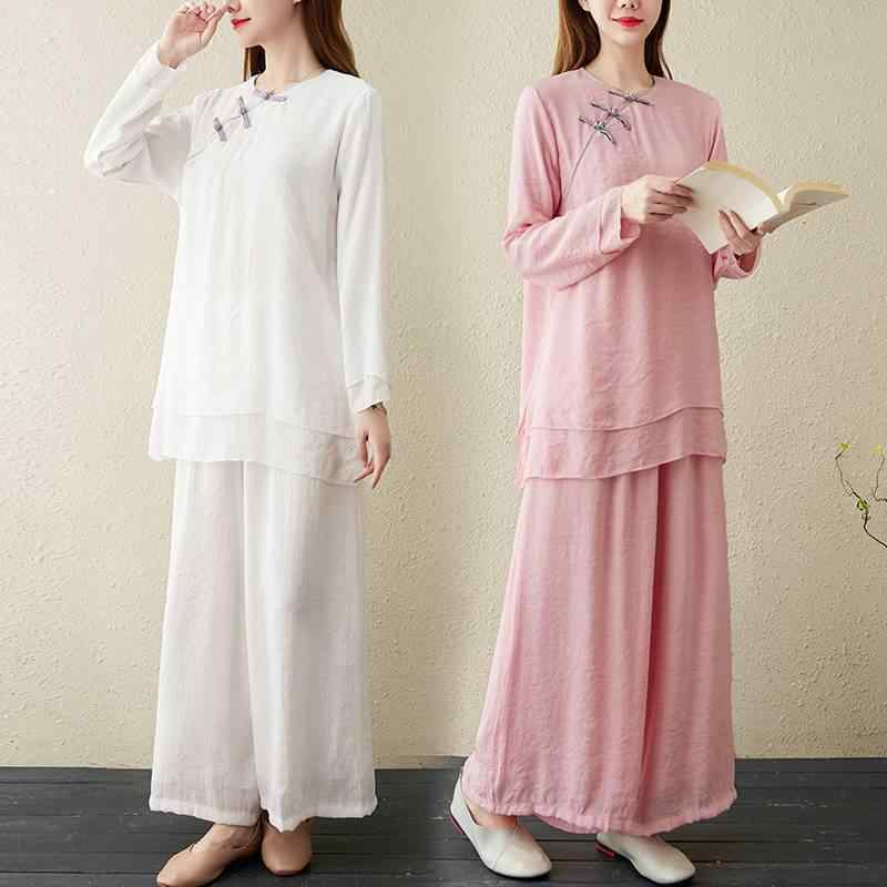 セットアップ レディース 禅スタイル 中国風 瞑想 ヨガ 茶道着 居士服 上下セット ロングスカート 長袖 ゆったり アクリル リラックスウェア グレー ホワイト ピンク