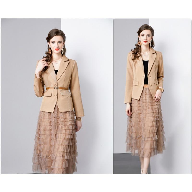 セットアップ レディース エレガント 通勤 オフィス ジャケット ベルト付き ティアードロングスカート 2点セット 秋冬 ポリエステル カーキ ロングスリーブ