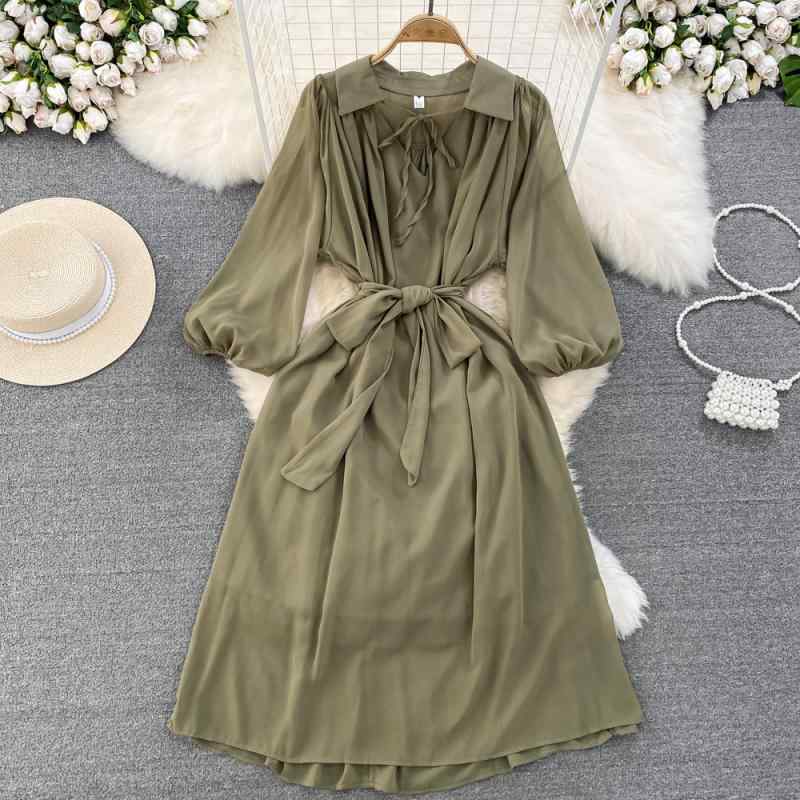 ワンピース レディース きれいめ 大人かわいい レトロ クラシカル エレガント 上品 パフスリーブ 長袖 ポロ襟 ウエストマーク 細見え 着痩せ効果 Aライン フレア シフォン ロング丈 マキシ丈 通勤 オフィス フォーマル 秋冬