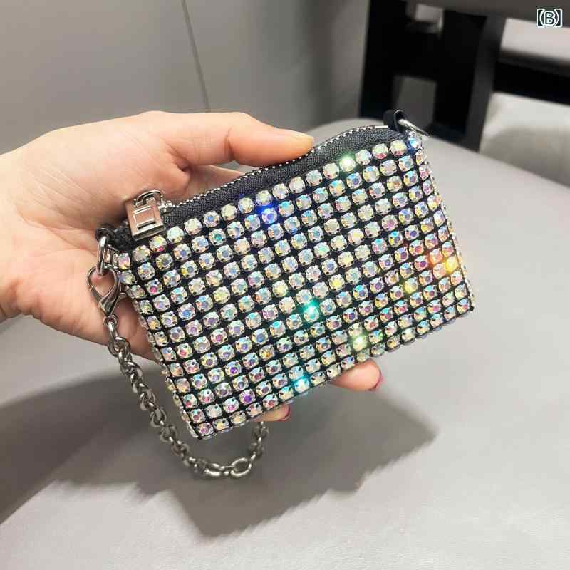 ミニチェーンバッグ レディース ラインストーン装飾 高見え おしゃれ ストリート系 トレンド 春夏 普段使い 万能 コインケース ミニ財布 リップケース 耐摩耗性 シルバー ブルー ブラック