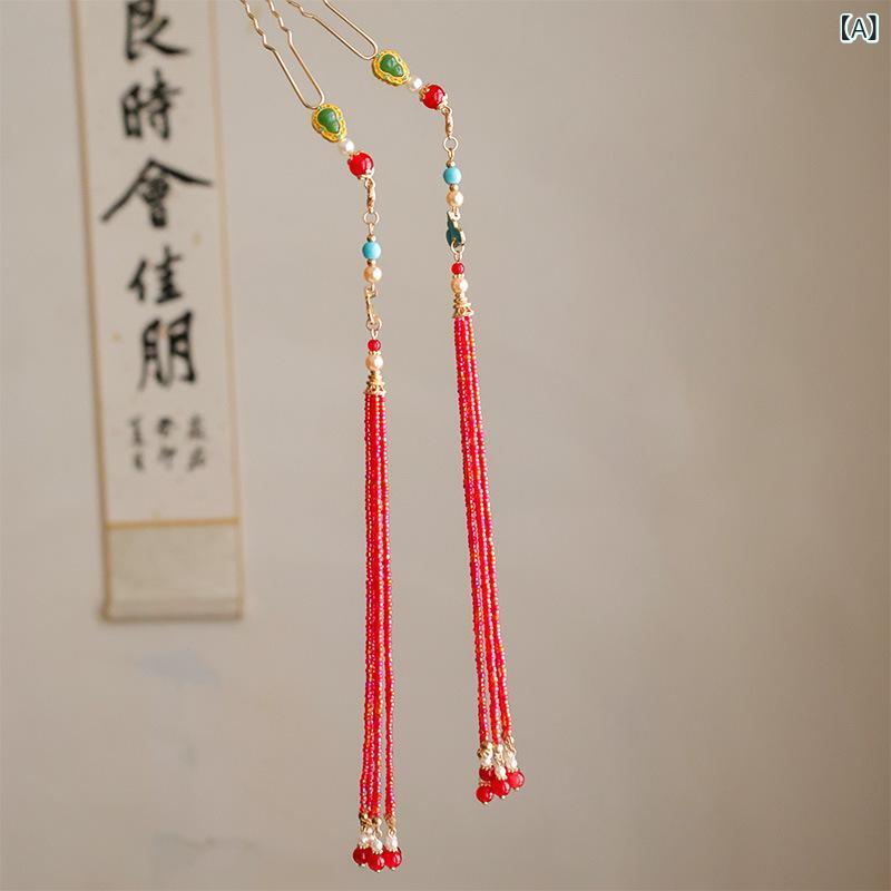 髪飾り かんざし レディース 高級感 シンプル 和風 レトロ アンティーク 簪 ヘアアクセサリー ロングタッセル 房飾り 和装 着物 上品 ハンドメイド 2