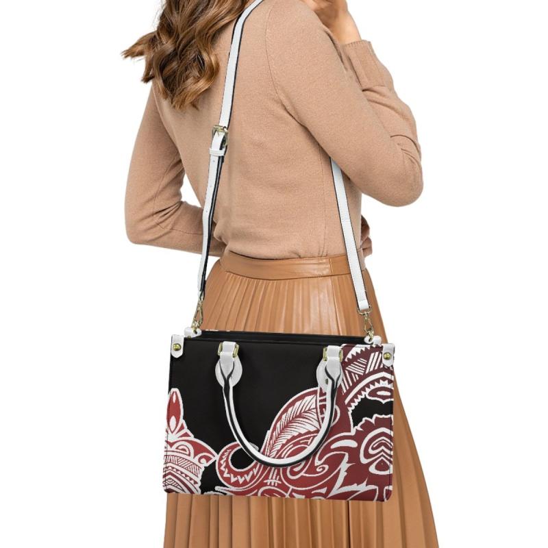 バッグ トートバッグ 手提げ鞄 ショルダーバッグ 斜め掛けカバン マーシャル諸島柄 ポリネシアン柄 プリント PUレザー 縦型 ファスナー開閉 A4対応 内ポケット充実 収納力抜群 通勤 デイリーユース