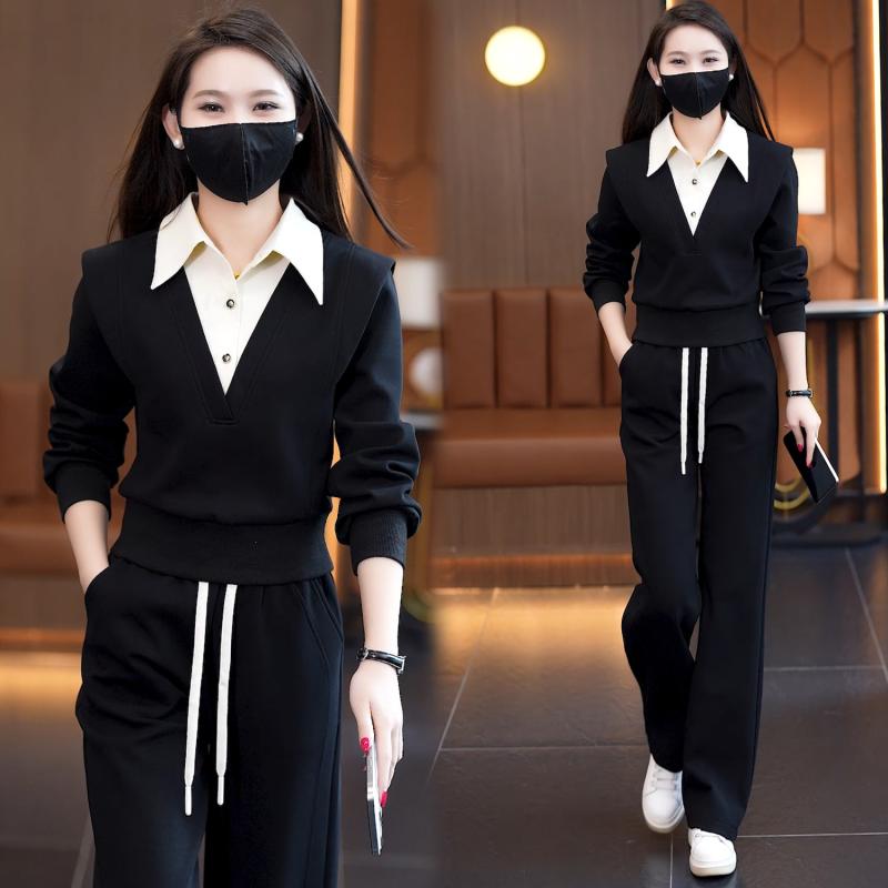 カジュアル セットアップ レディース 通勤 オフィス きれいめ 上品 快適 ポロ襟 長袖 シャツ ロング丈 ワイドパンツ 2点セット ポリエステル ポリウレタン 黒 カーキ