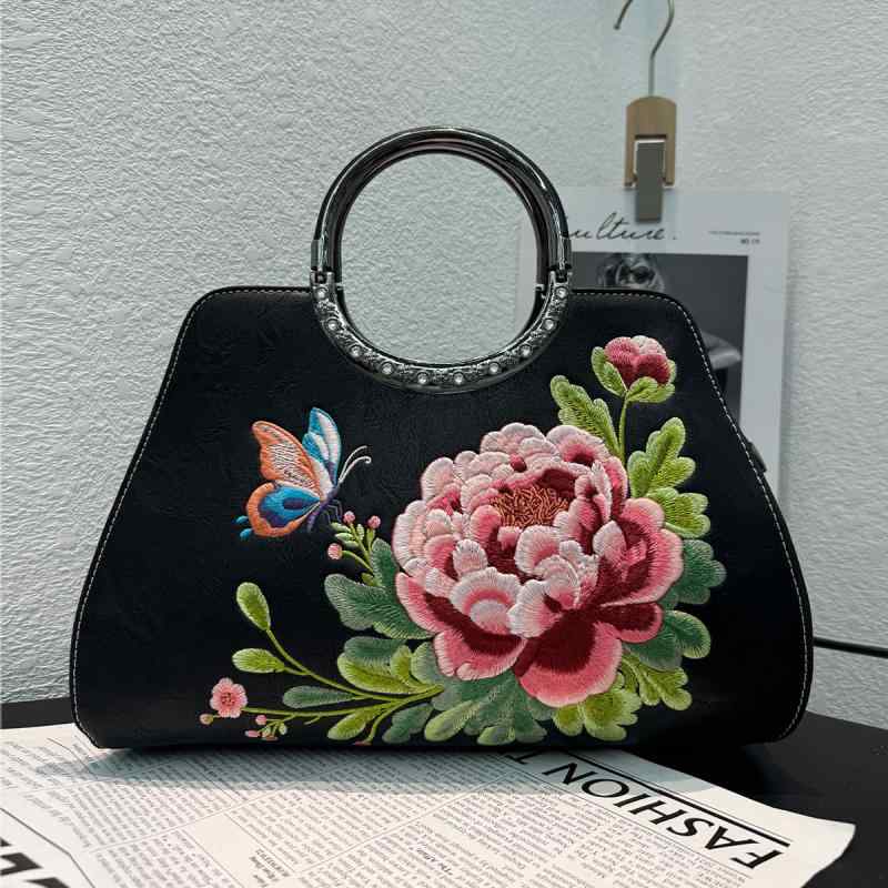 トートバッグ レディース ハンドバッグ チャイナ風 牡丹 刺繍 レトロ やわらかPUレザー ファスナー開閉 仕切りポケット付き スマホ収納 カジュアル 通勤 デイリーユース フラワーモチーフ ブラック ホワイト ワインレッド 春夏