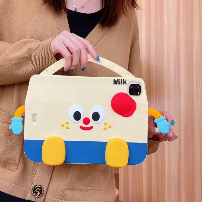 タブレットケース 衝撃吸収 シリコン かわいい 牛乳パック型 ハンドル付き 自立型 立体 キャラクター ipad用