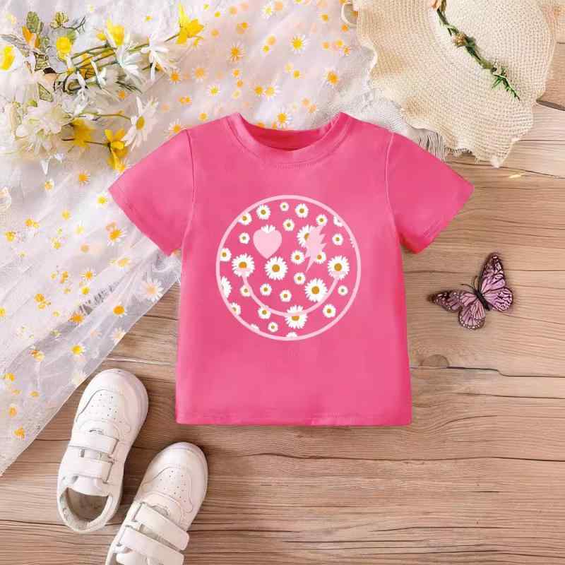 Girls' T-shirt, children's clothing, ages 3, 4, 5, 6, 7, 8, elementary school, toddler, summer, short sleeves, printed pattern, casual, everyday wear, loungewear, school, kindergarten, loose fit, polyester material.