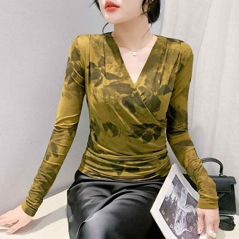 Tシャツ レディース 秋冬 メッシュ シースルー プリント ボタニカル柄 長袖 Vネック プリーツ 切り替え カットソー インナー カジュアル スリムフィット きれいめ 大人カジュアル 着回し 重ね着 デイリーユース