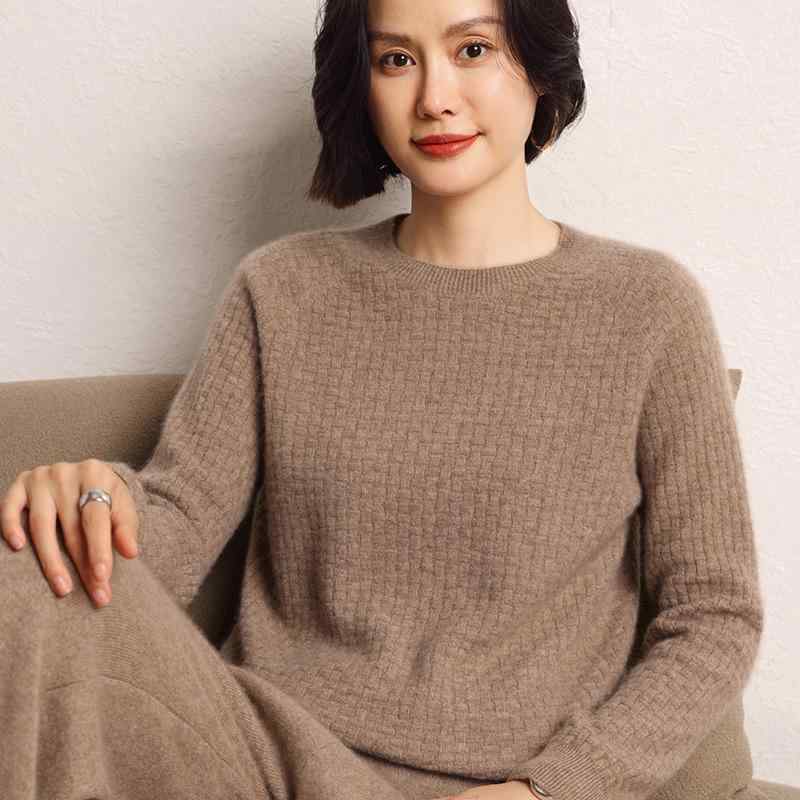 樂天商城 - ニット レディース カシミヤ ワッフル編み クルーネック 長袖 ゆったり プルオーバー ショート丈 秋冬 中厚手 通勤スタイル
